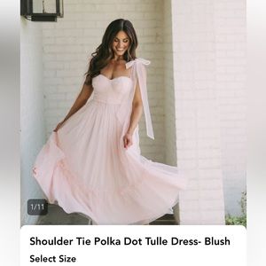 These Three Boutique Mable Blush Midi Dress Shoulder Tie Polka Dot Tulle, Medium